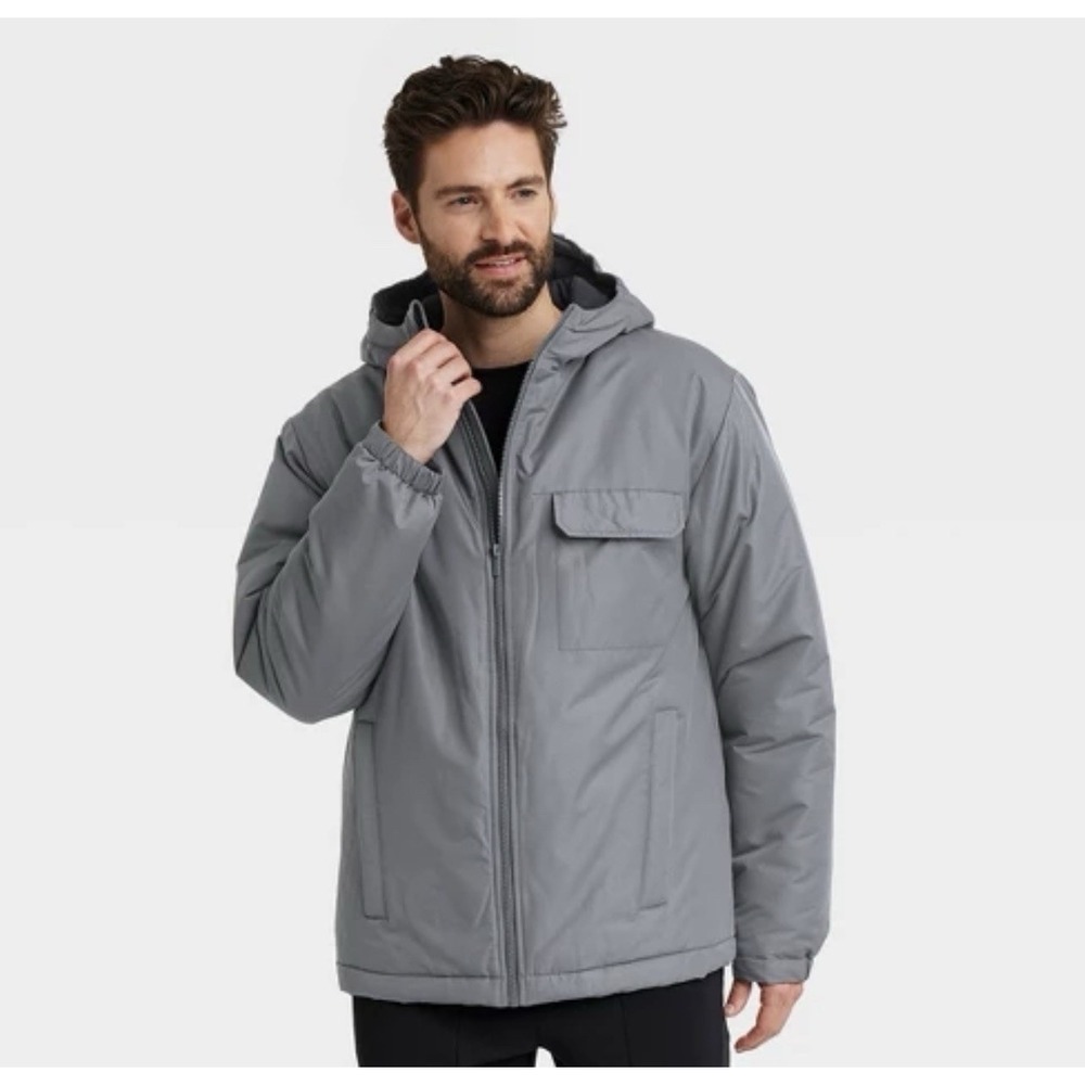 Men's Cold Weather Coat W/Hood ZIPPER Close 4 Pockets Gray Puffer All in‎ Motion